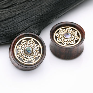 Detail View 1 of A Pair of Royal Bali Abalone Floral Brass Rosewood Double Flared Tunnel Plug